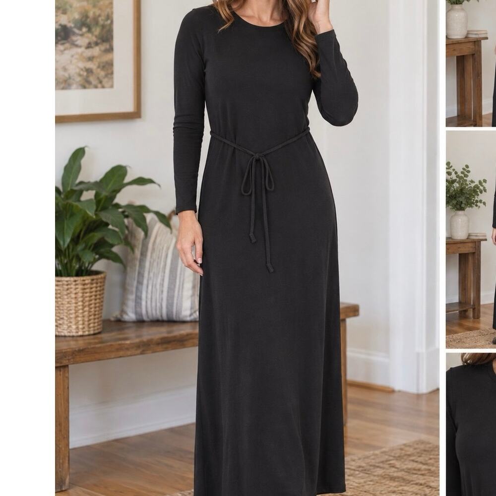 Veiled Minimalist Modest Black Long Sleeve Abaya Maxi Dress Double Layer Dress S